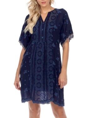 JOHNNY WAS Riza Embroidered Eyelet Dress in Navy size Small